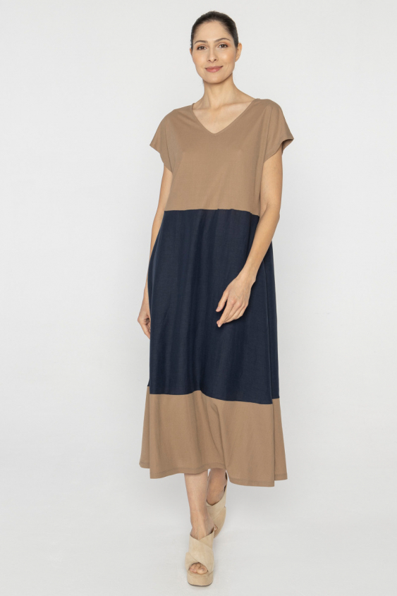 Beige und marineblaues Kurzarmkleid