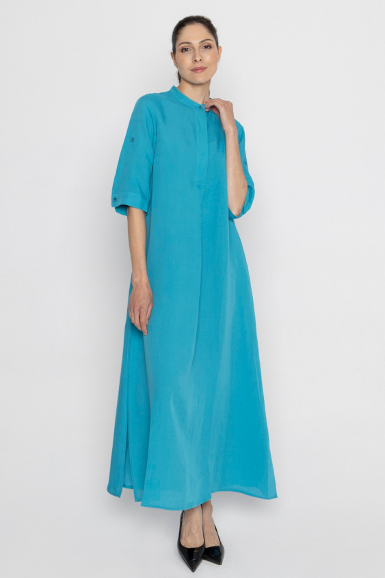 Türkisfarbenes Maxikleid aus Leinen und Viskose