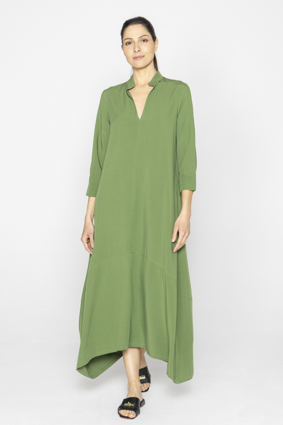 Green loose V-neck dress