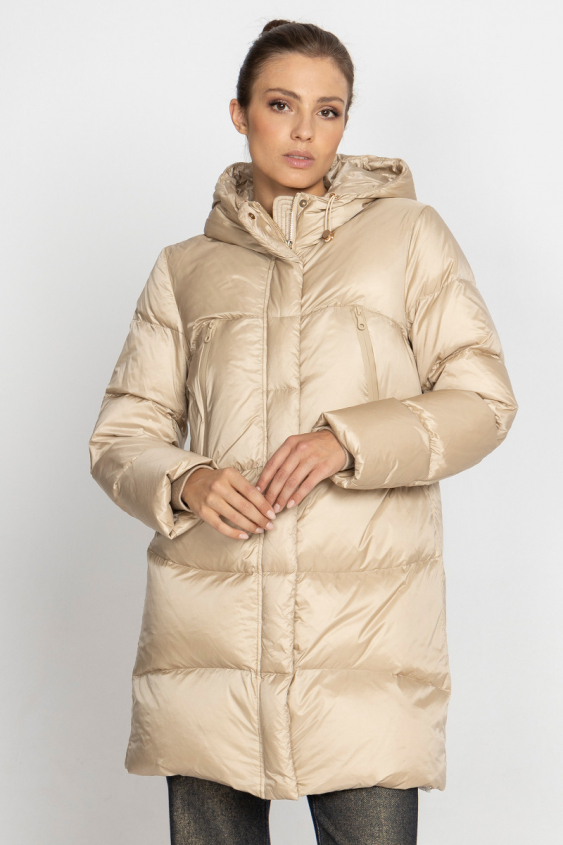 Beige-goldene Daunenjacke mit Kapuze