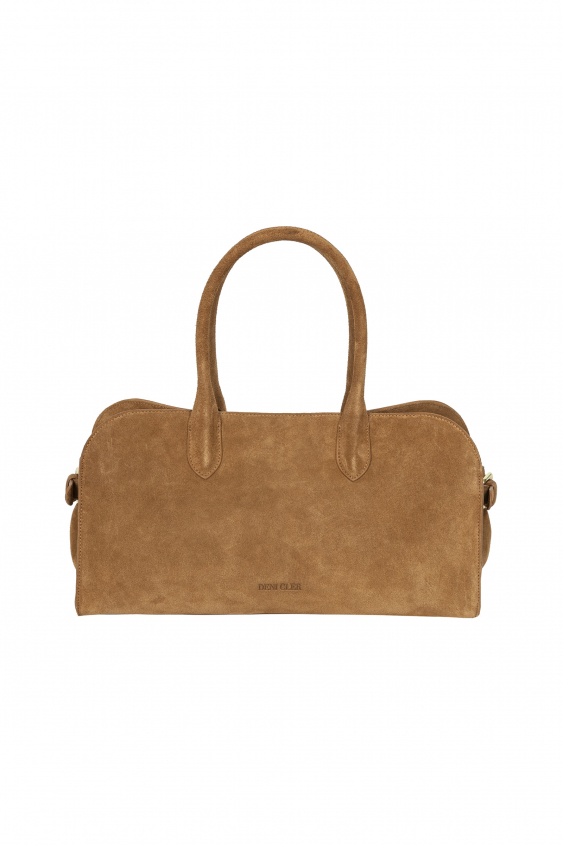 Large suede camel trunk bag