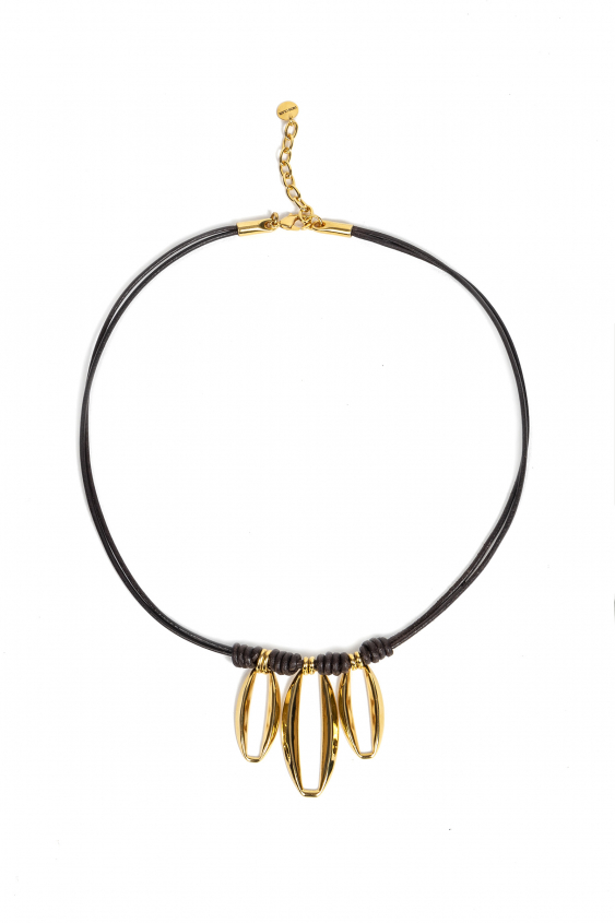Schwarz-goldene Halskette aus Leder und Messing	