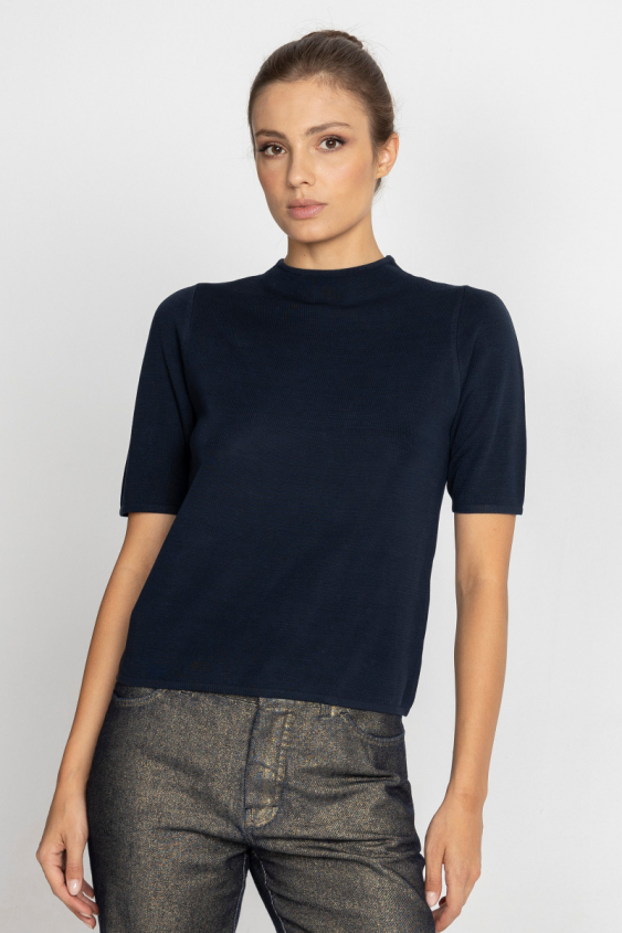 Navy blue short-sleeved mock turtleneck 