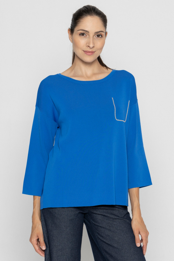 Kobaltfarbener 3/4-Arm-Pullover mit aufgesetzter Tasche