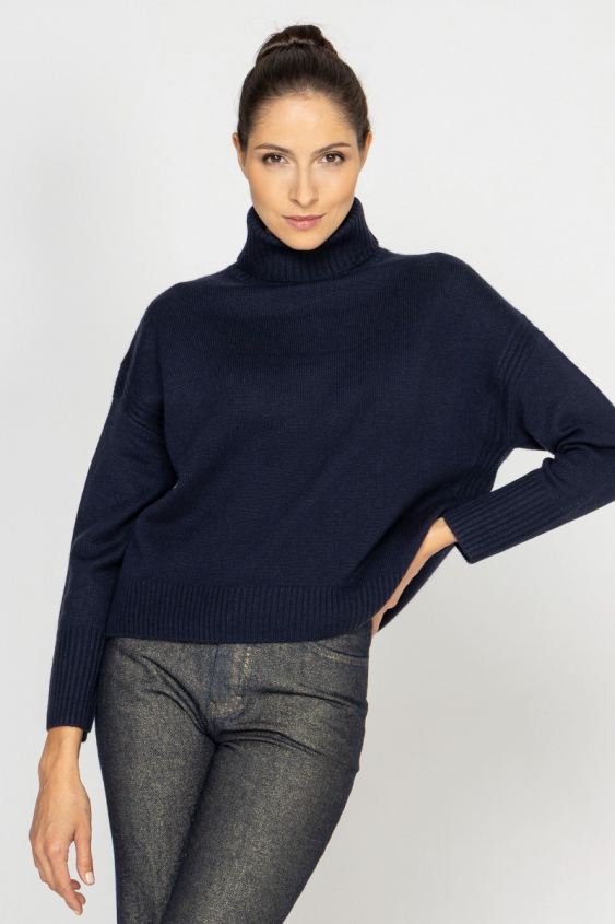 Marineblauer kurzer Rollkragenpullover aus Wolle und Kaschmir
