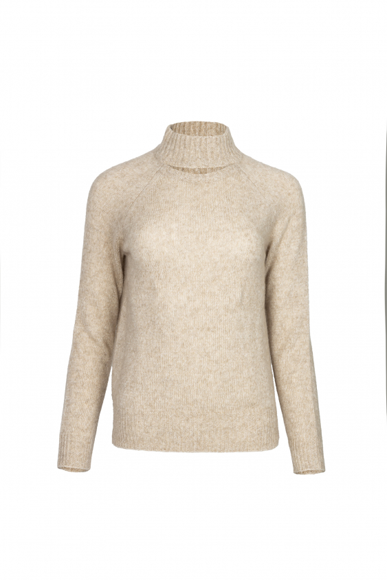 Beigefarbener Rollkragenpullover mit Schlitz am Ausschnitt