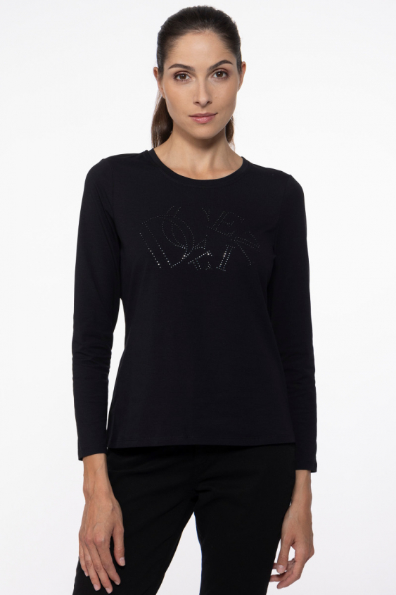 Czarny t-shirt z długim rękawem z ozdobnym napisem