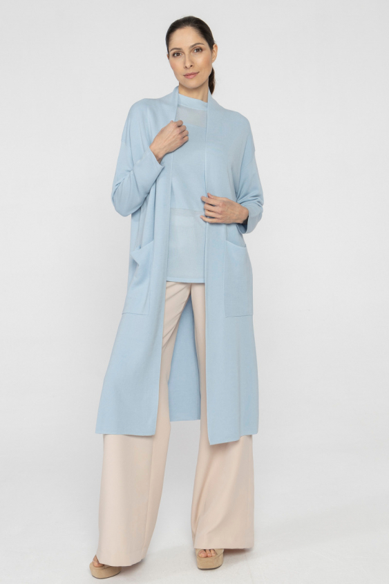 Long blue coat-like cardigan