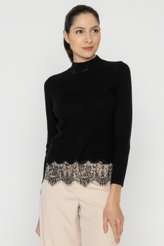 Schwarzer Pullover aus Wolle und Kaschmir mit Spitzenbesatz