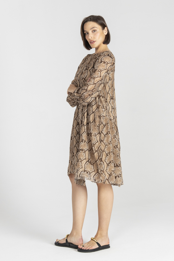 Brown long-sleeved dress with animal printed design