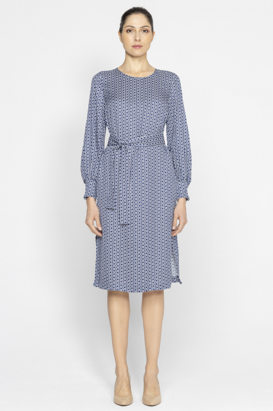 Marineblaues bedrucktes Kleid mit langen Ärmeln
