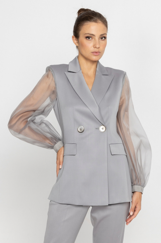 Grauer Blazer mit Seidenorganza-Ärmeln