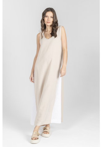 Długa beżowa lekka sukienka z białym lampasem