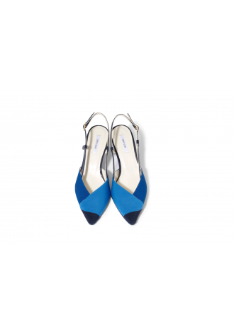 Low stiletto heels with patchwork spike in shades of blue
