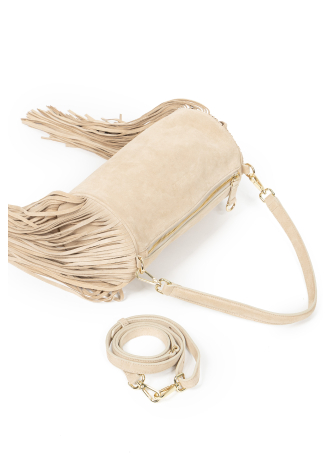 Beżowa zamszowa torebka z frędzlami
