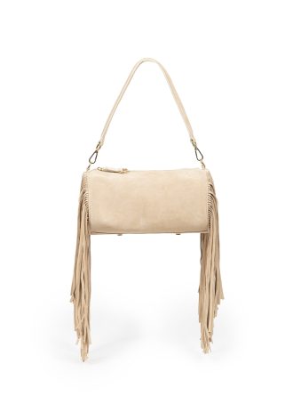 Beżowa zamszowa torebka z frędzlami