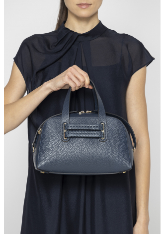 Navy blue handbag with attached belt