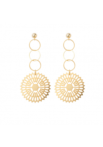 Long gold-plated earrings finished with large decorative circle