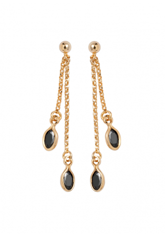 Long gold-plated earrings with black gemstones