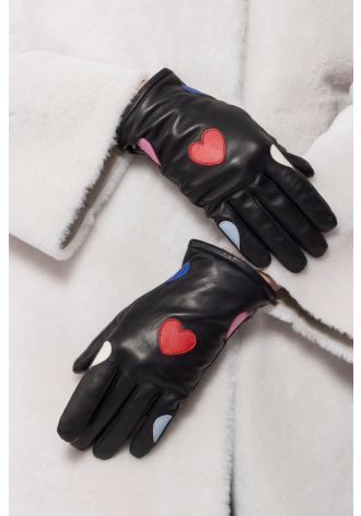 Czarne skórzane rękawiczki z kolorowymi sercami
