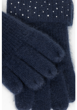 Granatowe rękawiczki z kaszmiru ozdobione kryształkami