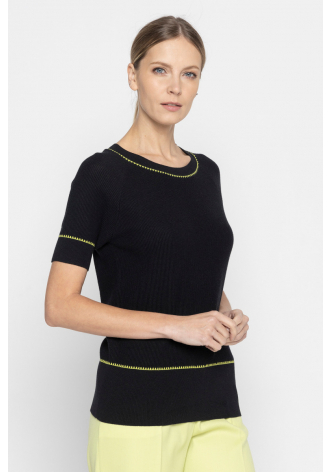 Black short-sleeved sweater with yellow stitching