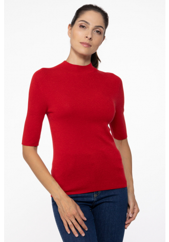 Red mock turtleneck with short sleeves