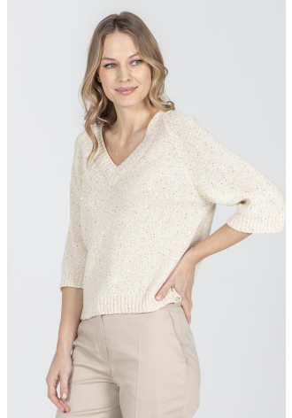 Beżowy sweter z dekoltem V