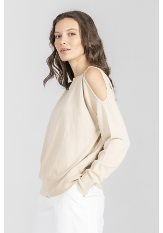 Beżowy sweter z rozcięciami na rękawach