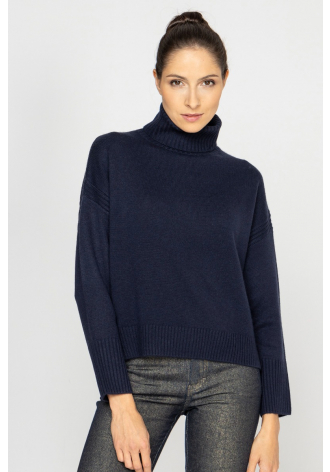  Short navy blue wool and cashmere roll neck