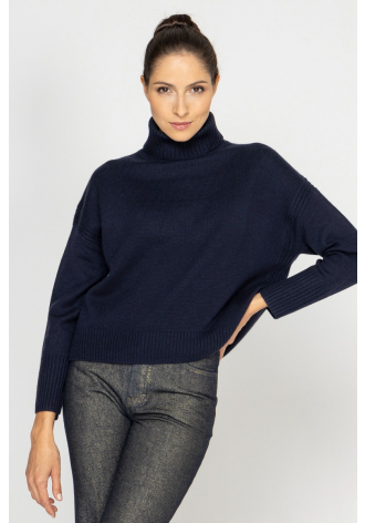  Short navy blue wool and cashmere roll neck