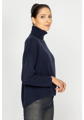  Short navy blue wool and cashmere roll neck