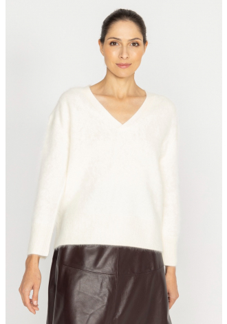 Loose ecru cashmere V-neck jumper