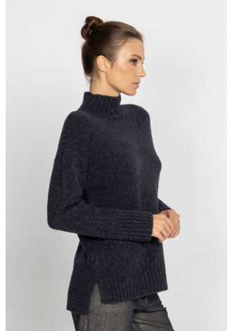 Navy blue mock turtleneck with side slits 