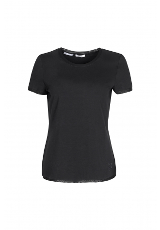 Black t-shirt with a round neckline finished with tulle