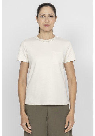 Beżowy t-shirt ze delikatnym zdobieniem 