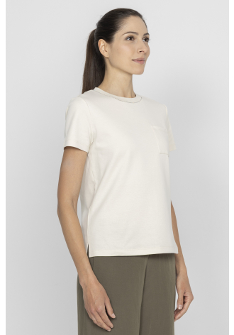 Beżowy t-shirt ze delikatnym zdobieniem 