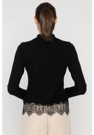 Czarny sweter z wełny i kaszmiru wykończony koronką