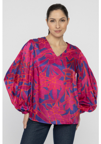 Bluzka ze spektakularnymi rękawami w kolorze magenty i fioletu