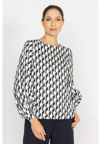 Elegant blouse with white, black and graphite printed design