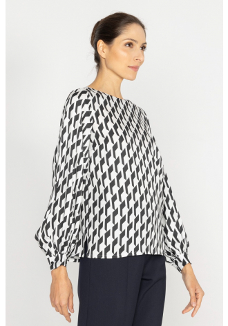 Elegant blouse with white, black and graphite printed design