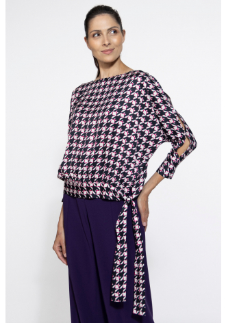 Purple-pink houndstooth side tie blouse