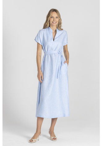 Blaues Leinenkleid mit seitlichem Schlitz