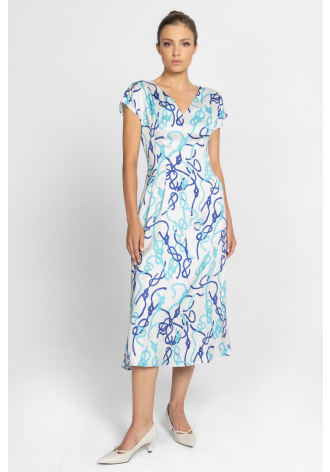 Dress with an elegant printed design in shades of grey, sapphire and blue 