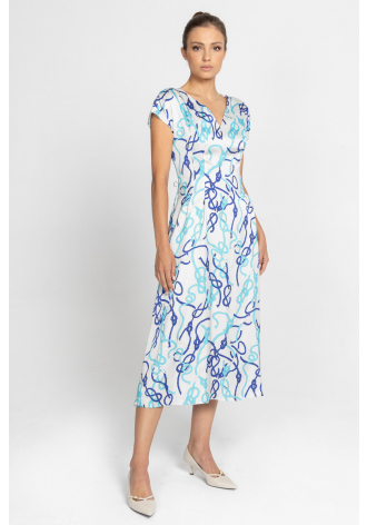 Dress with an elegant printed design in shades of grey, sapphire and blue 