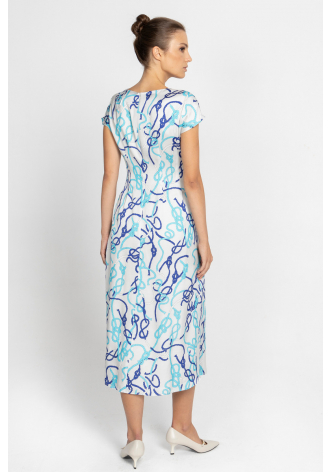 Dress with an elegant printed design in shades of grey, sapphire and blue 