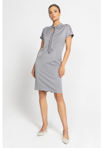 Grey short-sleeved dress with neck tie 