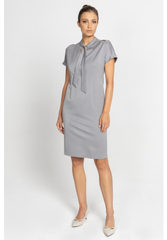 Grey short-sleeved dress with neck tie 