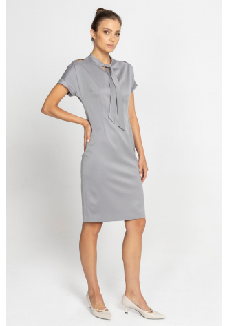 Grey short-sleeved dress with neck tie 