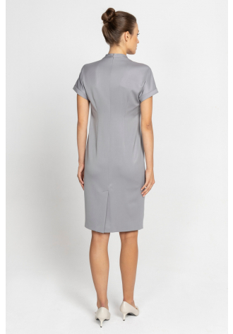 Grey short-sleeved dress with neck tie 